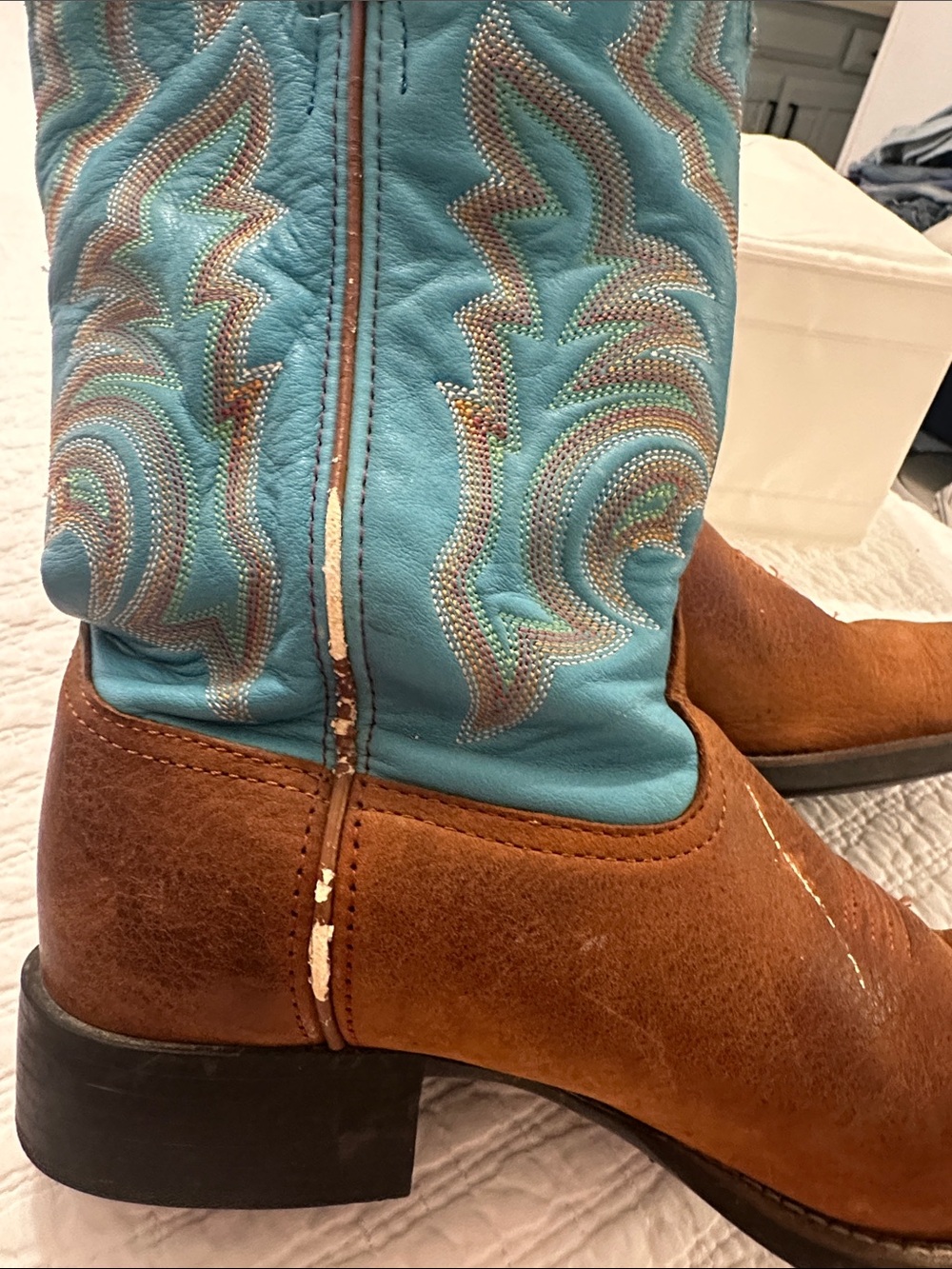 Vintage Tony Lama Brown Leather Boots with Turquoise Shaft and Stitching - Picture 7 of 9